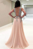 Anneprom Deep V-Neck Sweep Train Sleeveless Tulle Prom Dress With Beading APP0208