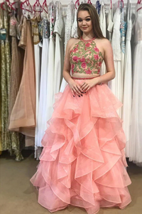 Anneprom Two Piece Round Neck Tiered Pink Open Back Prom Dress With Appliques APP0209