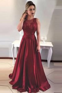 Anneprom A-Line Round Neck V-Back Maroon Satin Prom Dresses With Lace APP0210