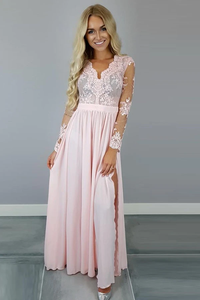Anneprom V-Neck Long Sleeves Pink Chiffon Slit Prom Dress With Appliques APP0212