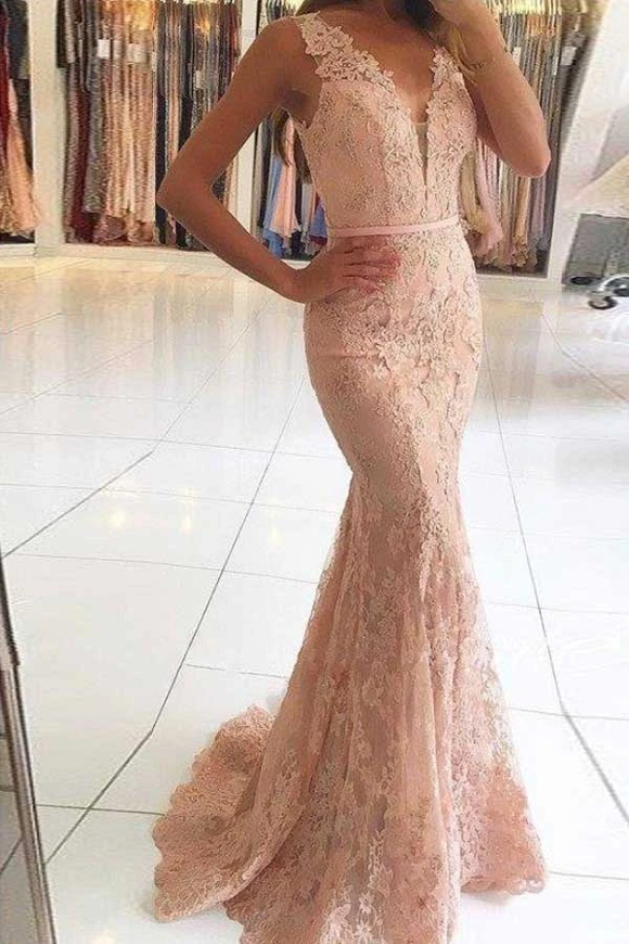 Anneprom Mermaid V-Neck Sweep Train Pink Lace Prom Dress With Beading APP0215