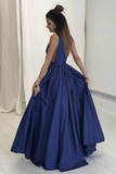 Anneprom Deep V-Neck Floor-Length Royal Blue Taffeta Prom Dress With Pockets APP0218