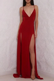 Anneprom Deep V Neck High Slit Backless Red Prom Dresses Evening Dresses APP0219