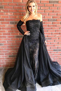 Anneprom Strapless Black Tulle Prom Dress With Lace Appliques Detachable Train APP0221