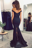 Anneprom Mermaid Off-The-Shoulder Navy Blue Prom Dress With Sequins APP0222