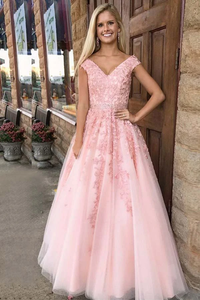 Anneprom A-Line V-Neck Cap Sleeves Pink Tulle Beaded Appliques Prom Dress APP0223