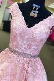 Anneprom A-Line V-Neck Cap Sleeves Pink Tulle Beaded Appliques Prom Dress APP0223