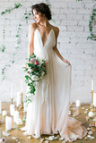 Anneprom Simple Deep V-Neck Sweep Train Ivory Wedding Dresses With Straps APPW0001