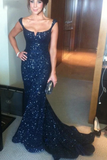 Anneprom Mermaid Off-Shoulder Lace Navy Blue Prom Dress With Sequins APP0035