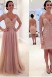 Anneprom Long Sleeves V-Neck Tulle Prom Dress With Detachable Train APP0036