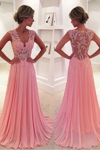 Anneprom V-Neck Court Train Pink Prom Dress/Evening Dress APP0037