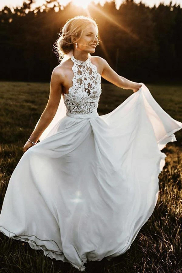 Anneprom A-Line Halter Sleeveless Chiffon Long Beach Wedding Dress With Lace APPW0004