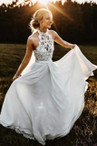 Anneprom A-Line Halter Sleeveless Chiffon Long Beach Wedding Dress With Lace APPW0004