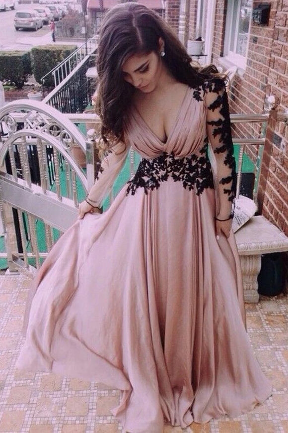 Anneprom V-Neck Long Sleeve Lace Prom Dresses Evening Dresses APP0040
