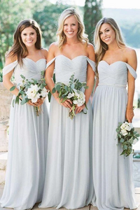 Anneprom A-Lline Chiffon Off The Shoulder Silver Beach Bridesmaid Dresses APB0002