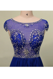 Anneprom Scoop Court Train Chiffon Blue Prom Dress With Beading APP0014