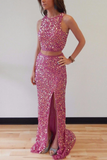 Anneprom Two-Piece Mermaid Scoop Sleeveless Prom Dresses With Sequins APP0042