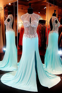 Anneprom High Neck Baby Blue Open Back Sweep Train Prom Dresses APP0043