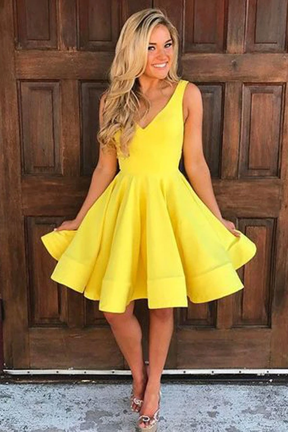 Anneprom A-Line Yellow Satin Short Prom Dress Homecoming Dress Short P Anneprom A-Line Yellow Satin Short Prom Dress Homecoming Dress Short P