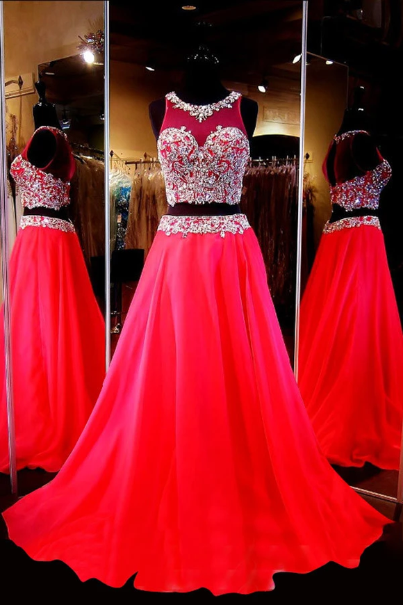 Anneprom Two Piece Scoop Sleeveless Red Chiffon Prom Dresses With Beading APP0044