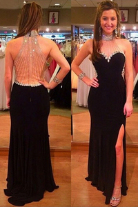 Anneprom Halter Black Split Floor-Length Prom Dress With Beading Rhinestones APP0047