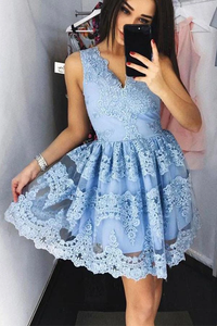 Anneprom Cute Blue Lace Short Prom Dress Blue Lace Homecoming Dress APH0004