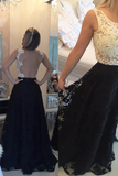 Anneprom A-Line Jewel Lace Sleeveless Pearls Black Long Prom/Evening Dress APP0049