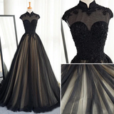 Anneprom Chic A line High Neck Black Tulle Floor Length Modest Prom Dress Evening Dress APP0582