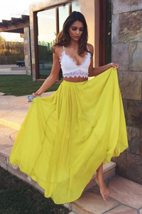 Anneprom Two Piece Sweetheart Yellow Chiffon Lace Prom Dresses Evening Dresses APP0053