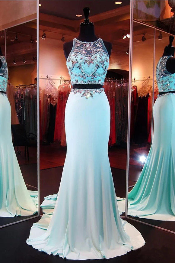 Anneprom Two Piece Mermaid Blue Prom Dresses Evening Dresses With Beading APP0054