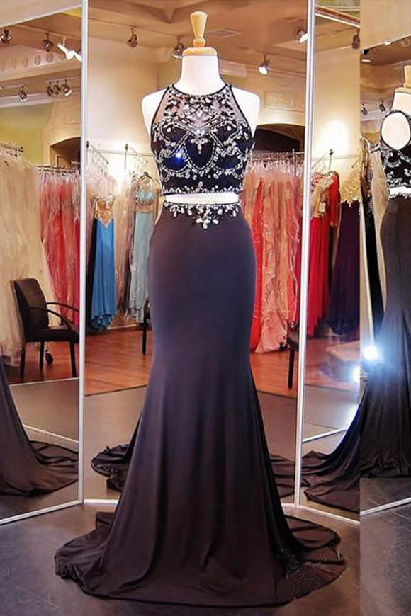 Anneprom Two Piece Mermaid Black Prom Dresses Evening Dresses With Beading APP0055