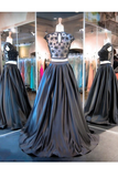 Anneprom Two Piece A-Line Black Cap Sleeve Prom Dresses Evening Dresses APP0056