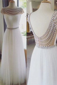 Anneprom Cap Sleeves White Beading Backless Prom Dresses Evening Dresses APP0057