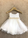 Anneprom Cute White Knee-length Beaded Flower Girl Dresses With Bowknot AFL0003