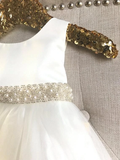 Anneprom Cute White Knee-length Beaded Flower Girl Dresses With Bowknot AFL0003