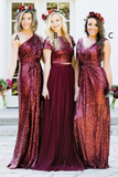 Anneprom A-line Burgundy Sequins Bridesmaid Dress Sparkly Bridesmaid Dresses Long Prom Gowns APB0107