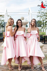 Anneprom Chic Pink Strapless Bridesmaid Dress A-line High Low Bowknot Bridesmaid Dresses APB0116