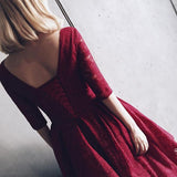 Anneprom  V Neck Half Sleeves Burgundy Lace Homecoming Dress Short Prom Dress APH0007