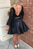 Anneprom Two Piece Black Long Sleeve Lace Homecoming Dress Party Dress  APH0011