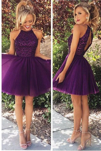 Anneprom Open Back Halter Purple Beaded Homecoming Cocktail Dresses APH0013