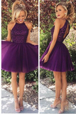 Anneprom Open Back Halter Purple Beaded Homecoming Cocktail Dresses APH0013