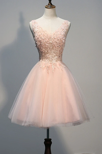 Anneprom Short Open Back Pearl Pink Homecoming Dresses With Appliques APH0014