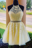 Anneprom Halter Appliqued Yellow Homecoming Dress Short Prom Dress With Beading Belt APH0020