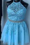 Anneprom Halter Appliqued Yellow Homecoming Dress Short Prom Dress With Beading Belt APH0020