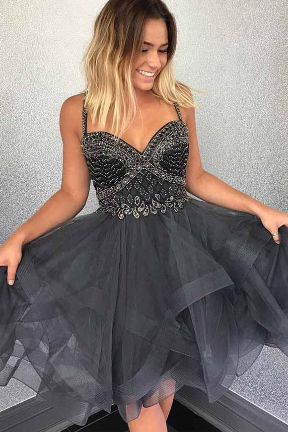 Anneprom Sparkly Beads Short Grey Tulle Homecoming Dress With Beading APH0022