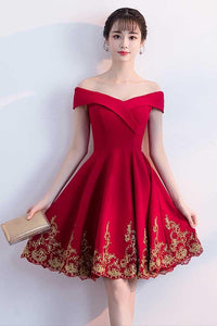 Anneprom A-Line Off The Shoulder Red Homecoming Dresses With Lace Applique APH0024