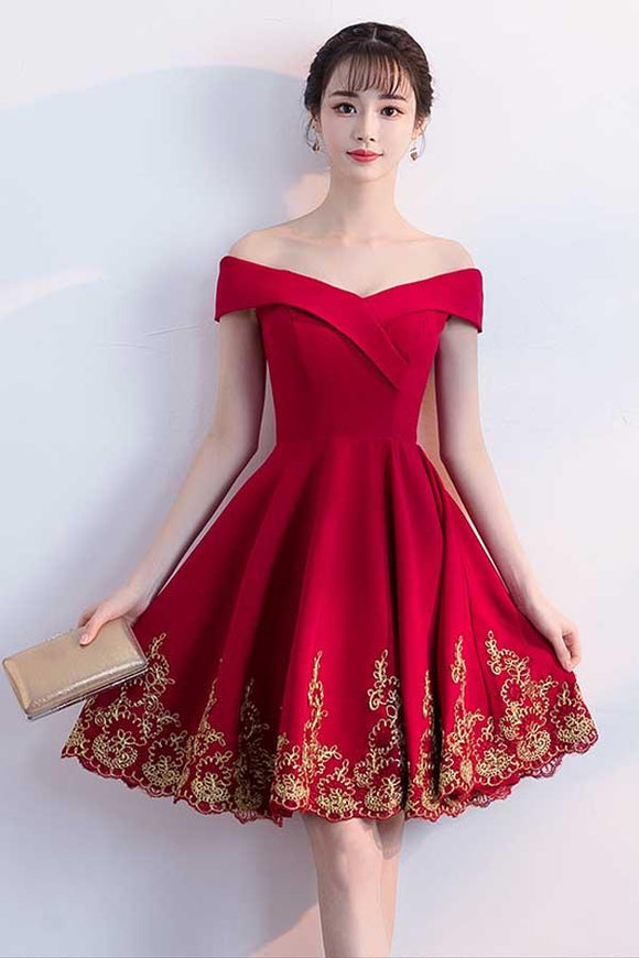 Anneprom A-Line Off The Shoulder Red Homecoming Dresses With Lace Applique APH0024