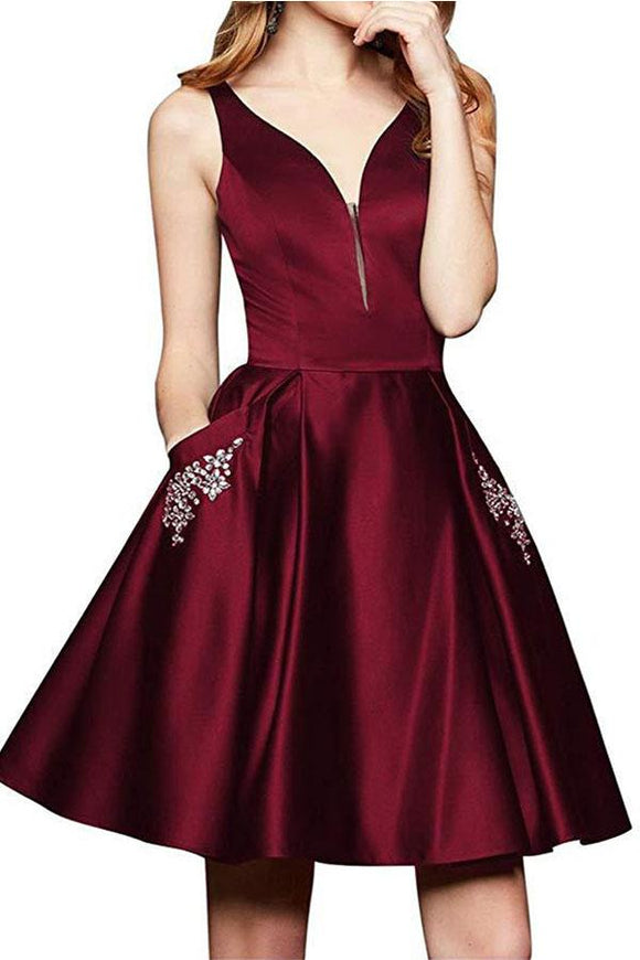 Anneprom A Line V Neck Satin Burgundy Beaded Homecoming Dresses With Pockets APH0028