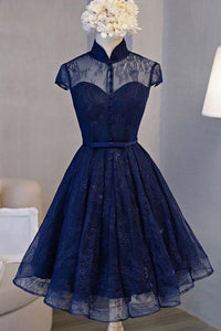 Anneprom Vintage Navy Blue Cap Sleeves Homecoming Dress Party Dresses APH0029