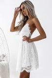 Anneprom A-Line Spaghetti Straps Criss-Cross Straps White Lace Homecoming Dress APH0032